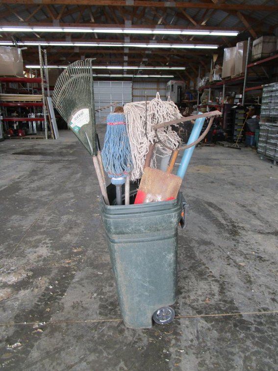 Trash Can with Rakes, Shovels, Pitchfork and More