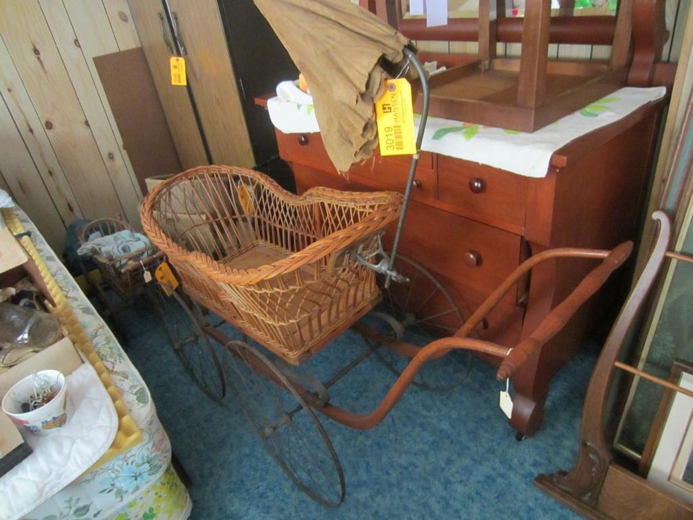 Vintage Victorian Wicker Baby Stroller with Umbrella