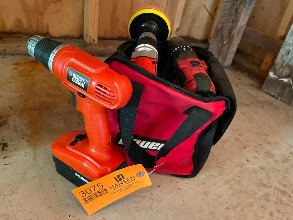 (2) Black and Decker Drills and (1) Bauer Drill