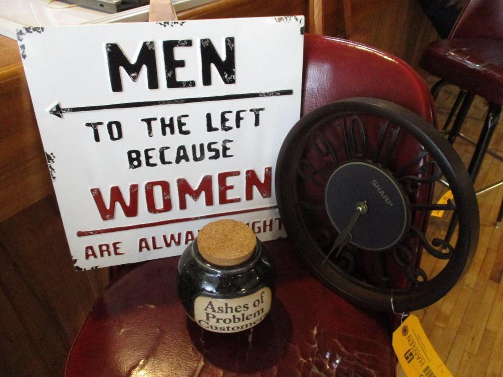 Metal Sign, Clock and Ceramic Jar