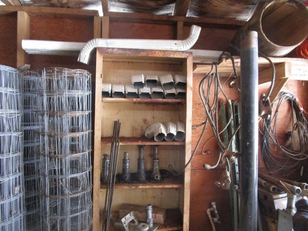 Wooden Shelf and Contents, Includes Down Spout Elbows, Jacks, Drive Shafts and More