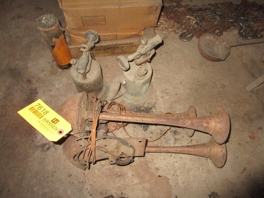Vintage Car Horn and (2) Vintage Kerosene Torches