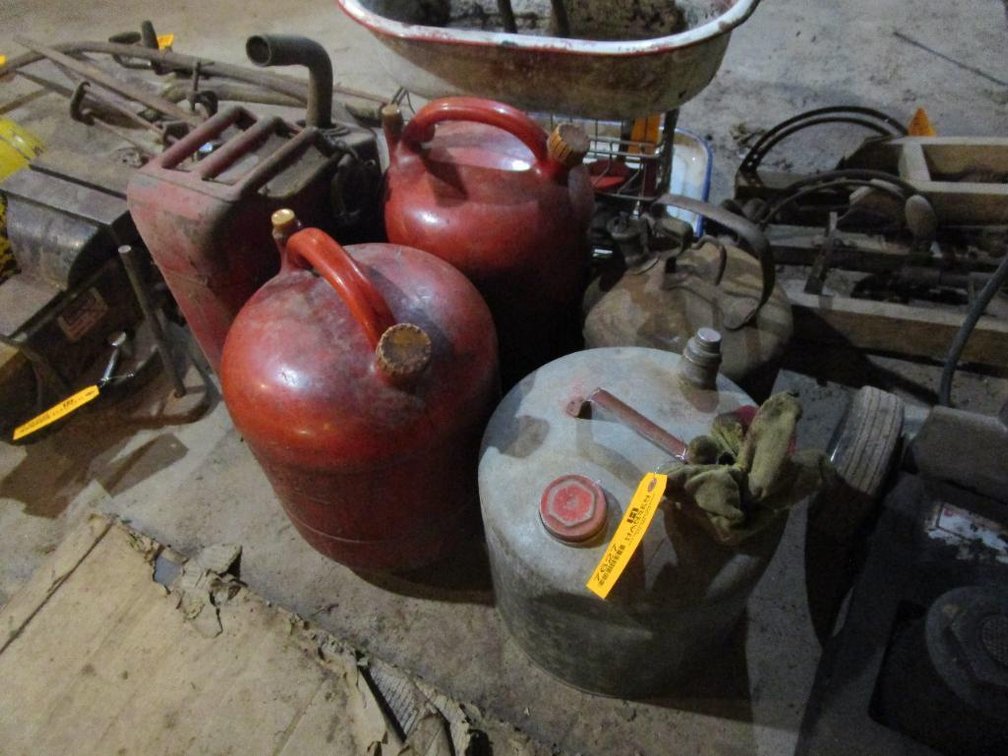 (3) Metal Gas Cans and (2) Plastic Gas Cans