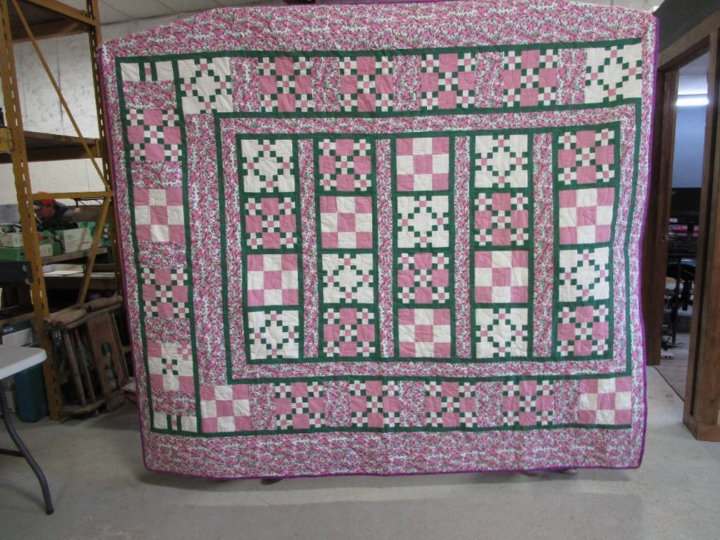 Handcrafted 9 Patch Green, Pink and Cream Quilt