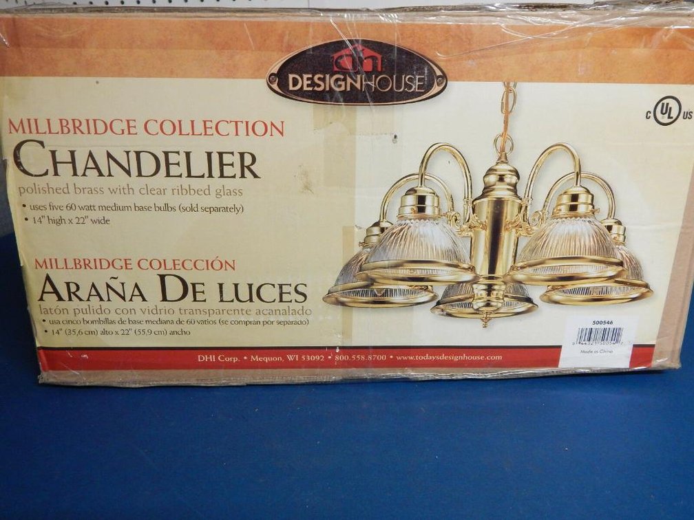 Design House Mill bridge Collection 500546 Polished Brass Chandelier with 5-Ribbed Glass Light Domes New! (C1)
