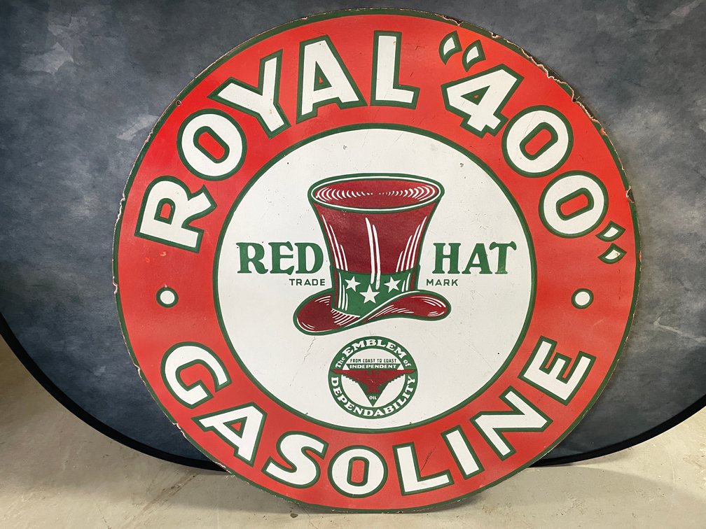 Original Red Hat Royal "400" Gasoline Porcelain Double Sided Sign (Downing, WI)