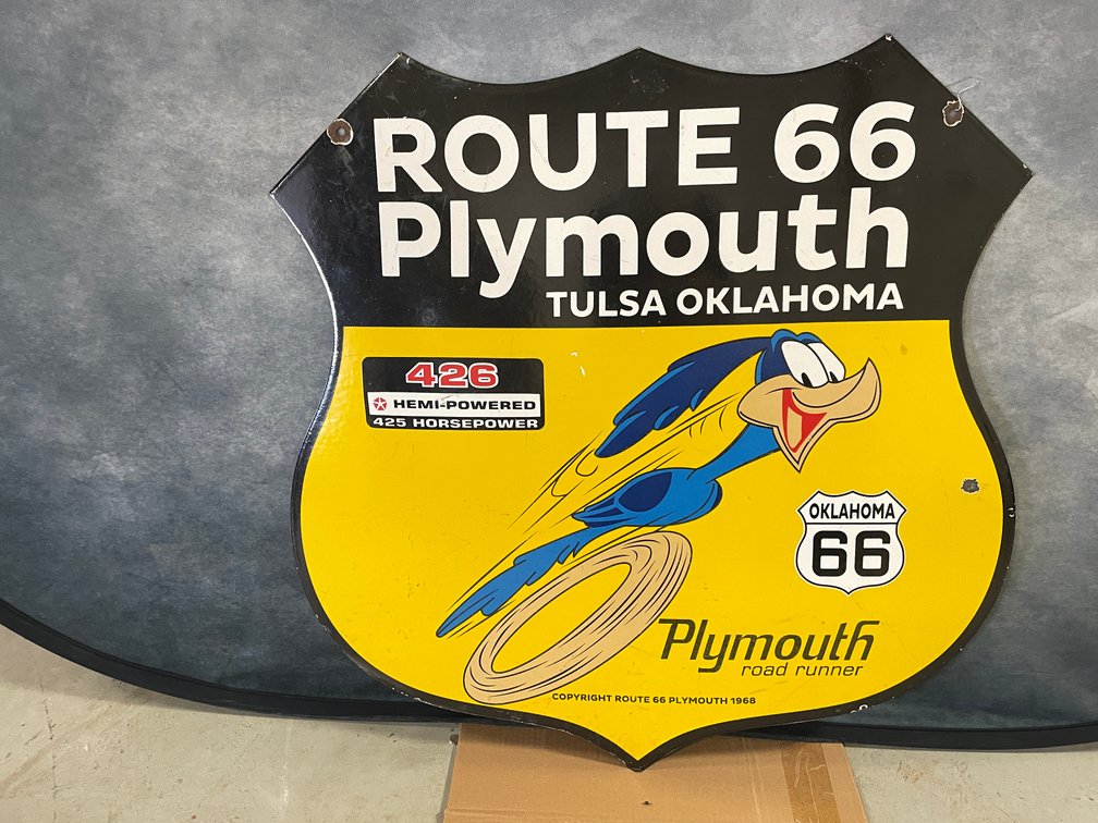Original Route 66 Plymouth Road Runner Porcelain Single Sided Sign (Downing, WI)