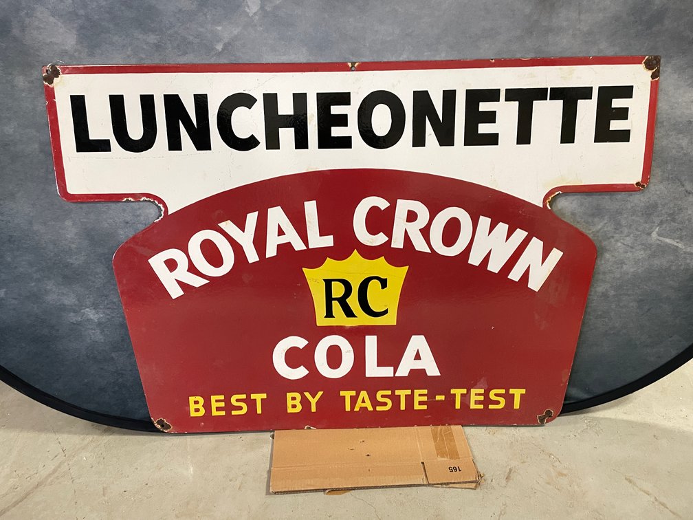 Original Royal Crown Cola Luncheonette Porcelain Double Sided Sign (Downing, WI)