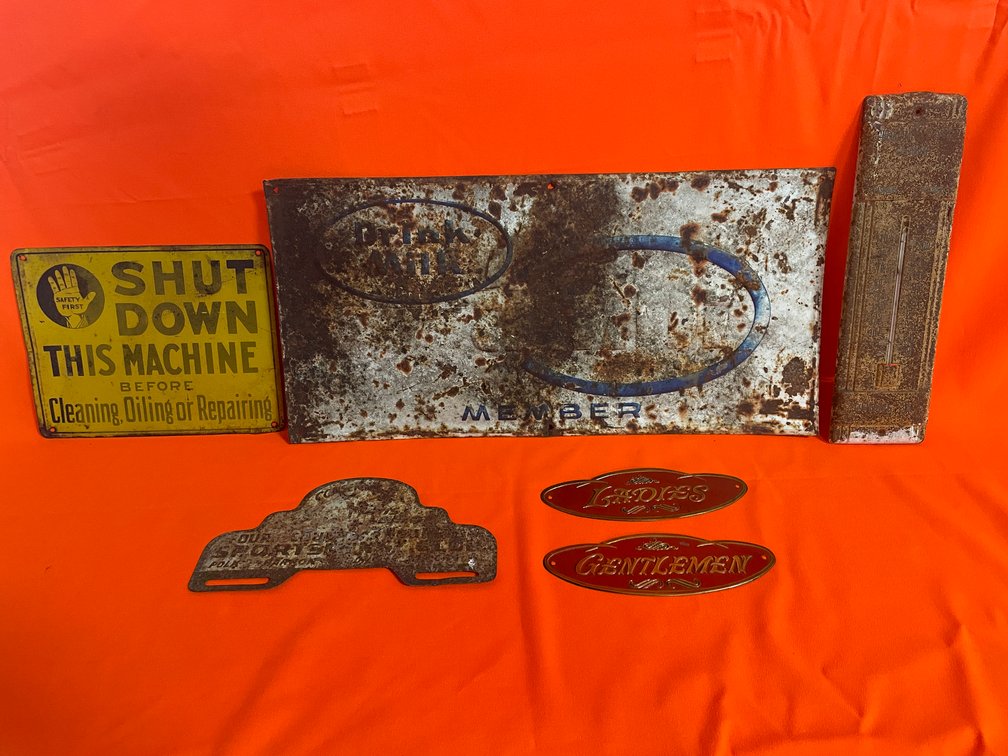 (4) Vintage Signs, (1) License Plate Topper and (1) Thermometer (Downing, WI)