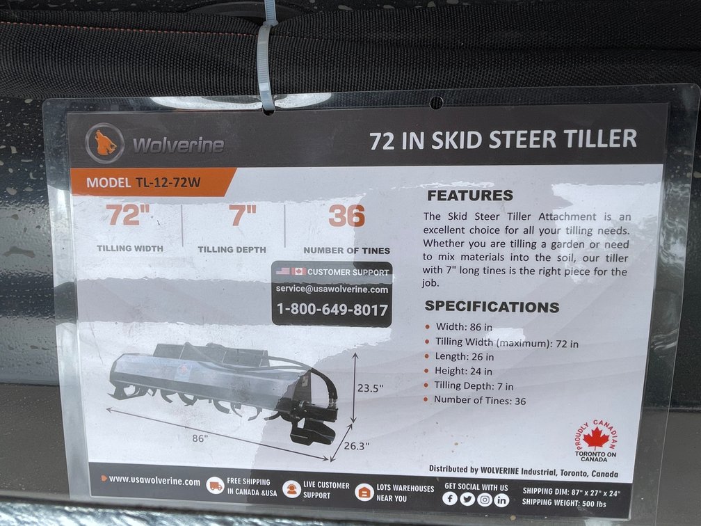 Unused 2026 Wolverine Skid Steer Hydraulic Rotary Tiller Attachment
