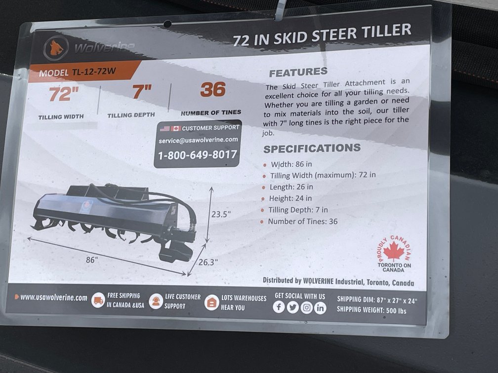 Unused 2026 Wolverine Skid Steer Hydraulic Rotary Tiller Attachment