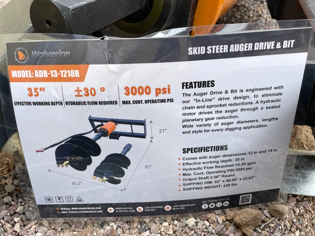 Unused 2026 Wolverine Skid Steer Auger Drive and Bit Attachment
