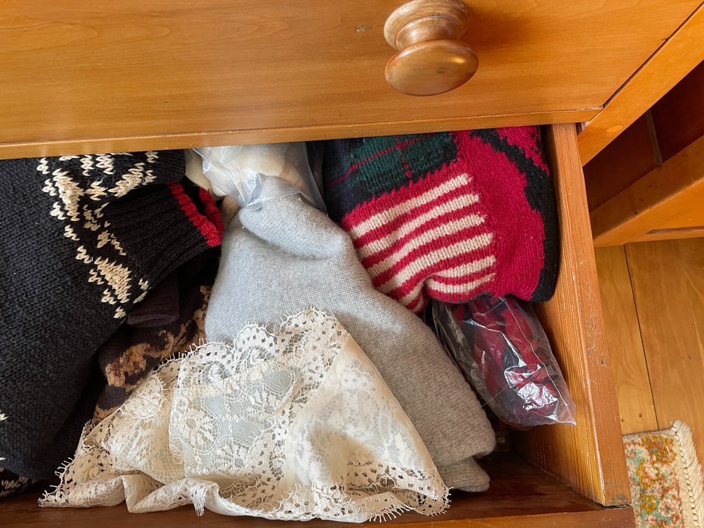 Wooden Dresser and Various Clothing in Bottom (3) Drawers