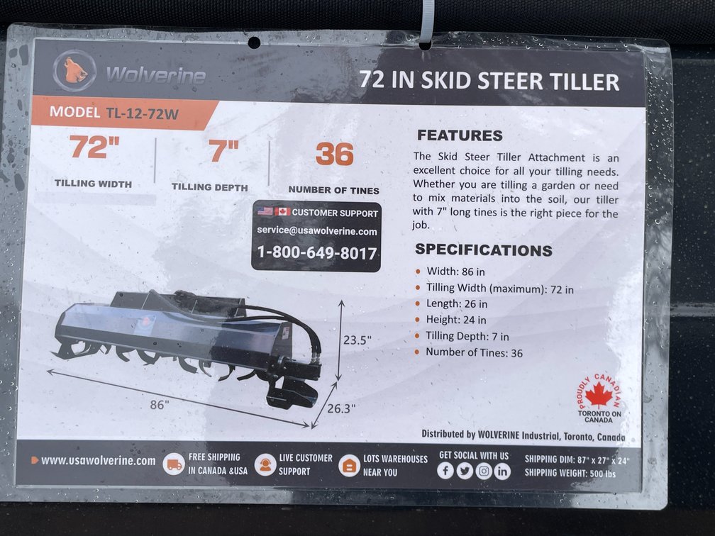 Unused 2026 Wolverine Skid Steer Hydraulic Rotary Tiller Attachment