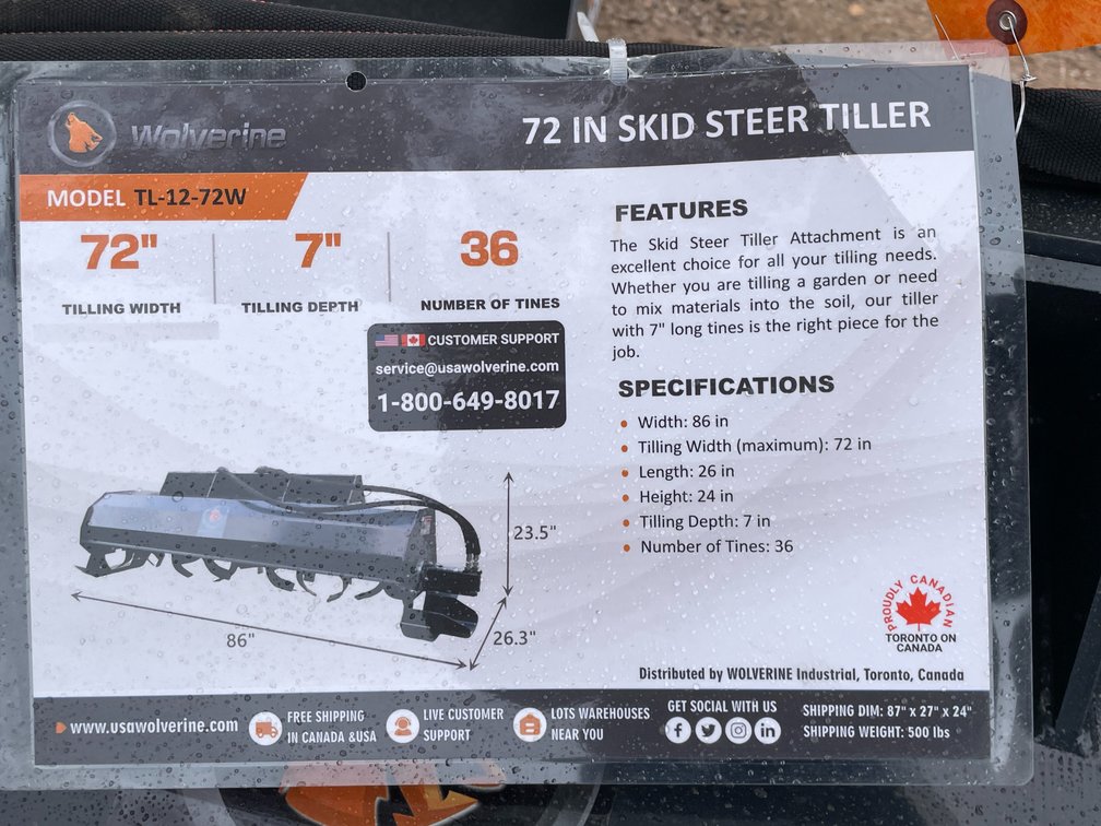 Unused 2026 Wolverine Skid Steer Hydraulic Rotary Tiller Attachment