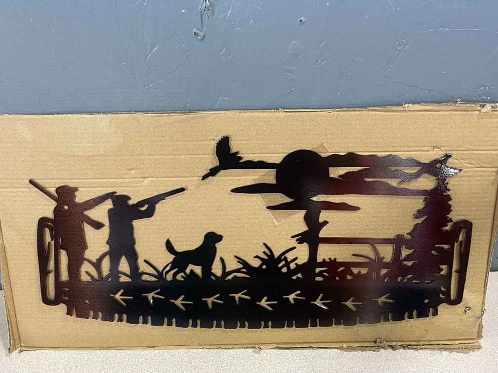 Laser Cut Metal Sign Two People Out Hunting with Their Dog (T2)