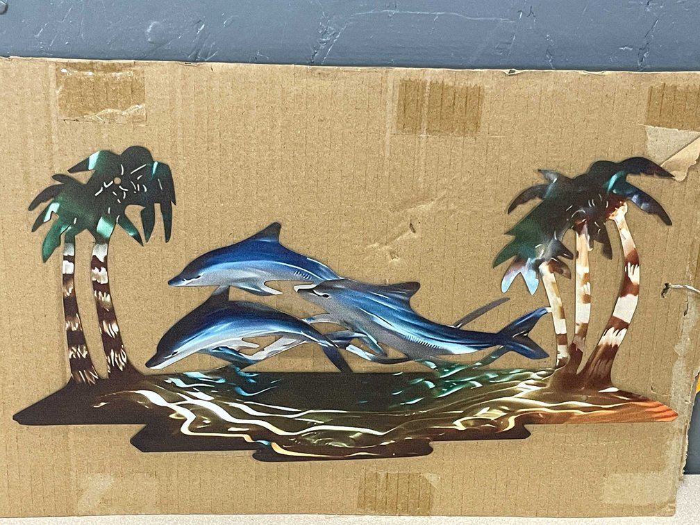Laser Cut Metal Sign of 3 Dolphins and Palm Trees (T2)