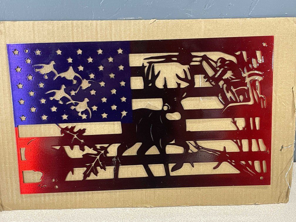 Laser Cut Metal Sign of US Flag and Wildlife Scene (T2)