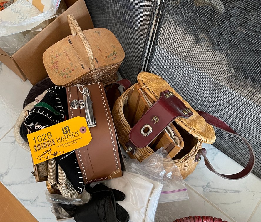 Various Vintage Coin Purses, Wicker Baskets and Lunch Box