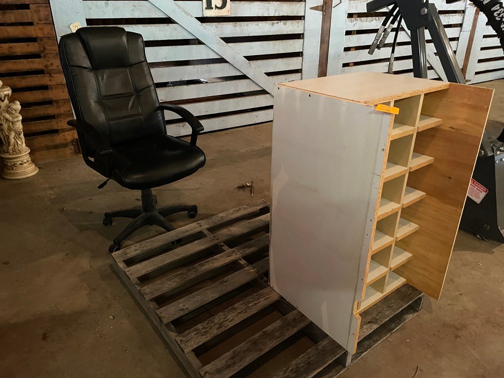 Rolling Office Chair and Wooden Cabinet