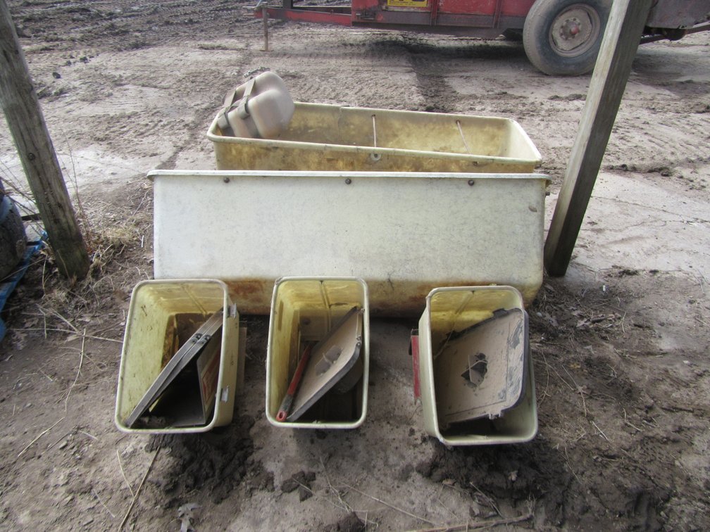 (2) International Fertilizer Boxes and (3) International Seed Boxes