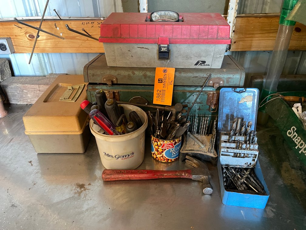 Assorted Handled Tools and Drill Bits