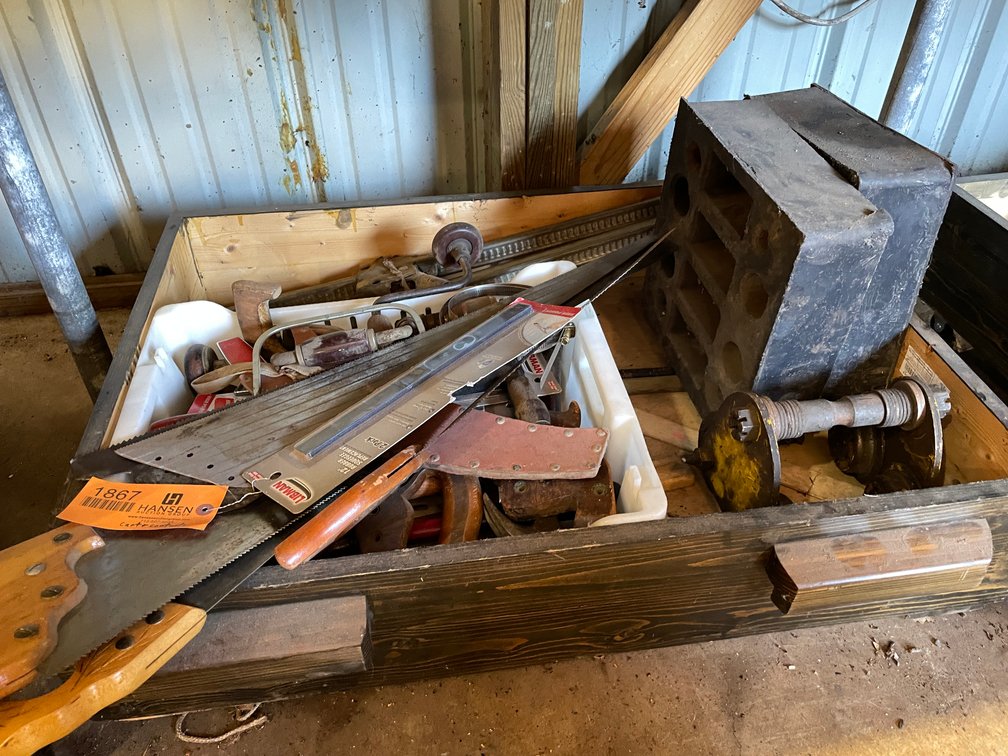 Hand Saws, Hammers, Drill Braces and Wooden Rolling Storage Drawer
