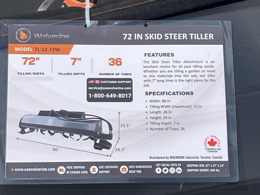 Unused 2026 Wolverine Skid Steer Hydraulic Rotary Tiller Attachment
