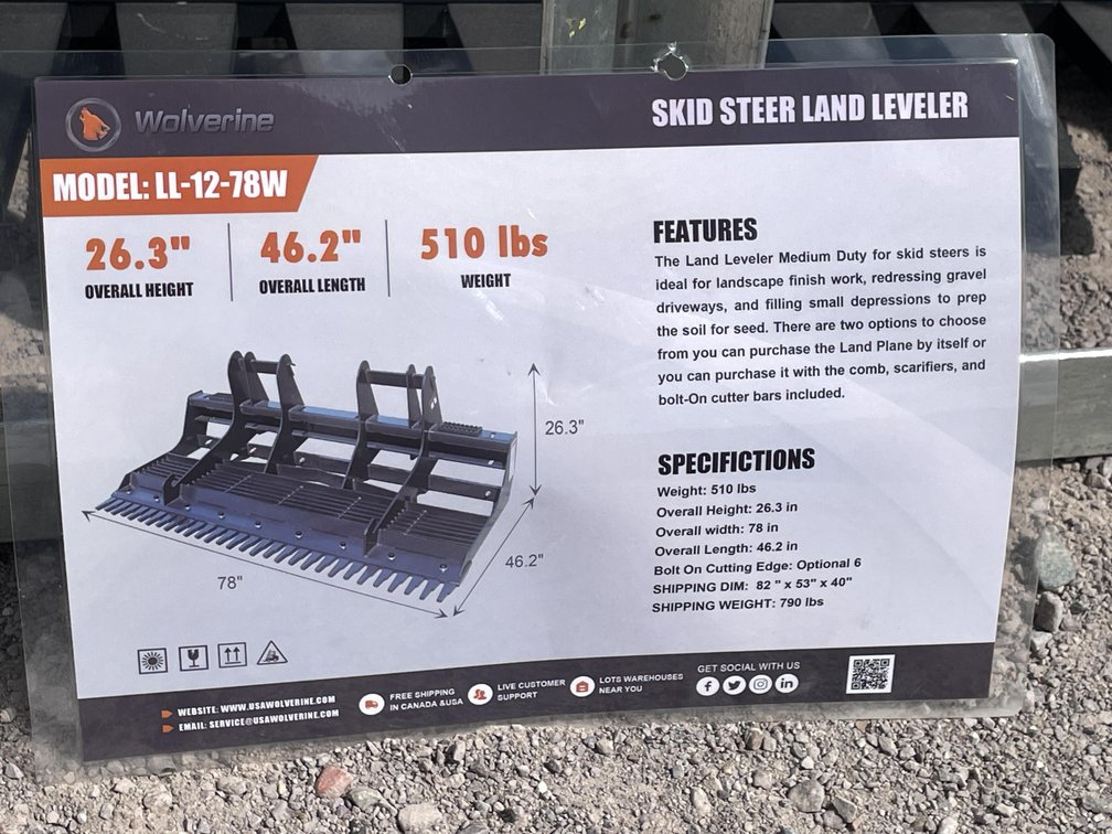 Unused 2026 Wolverine Skid Steer Land Leveler Attachment