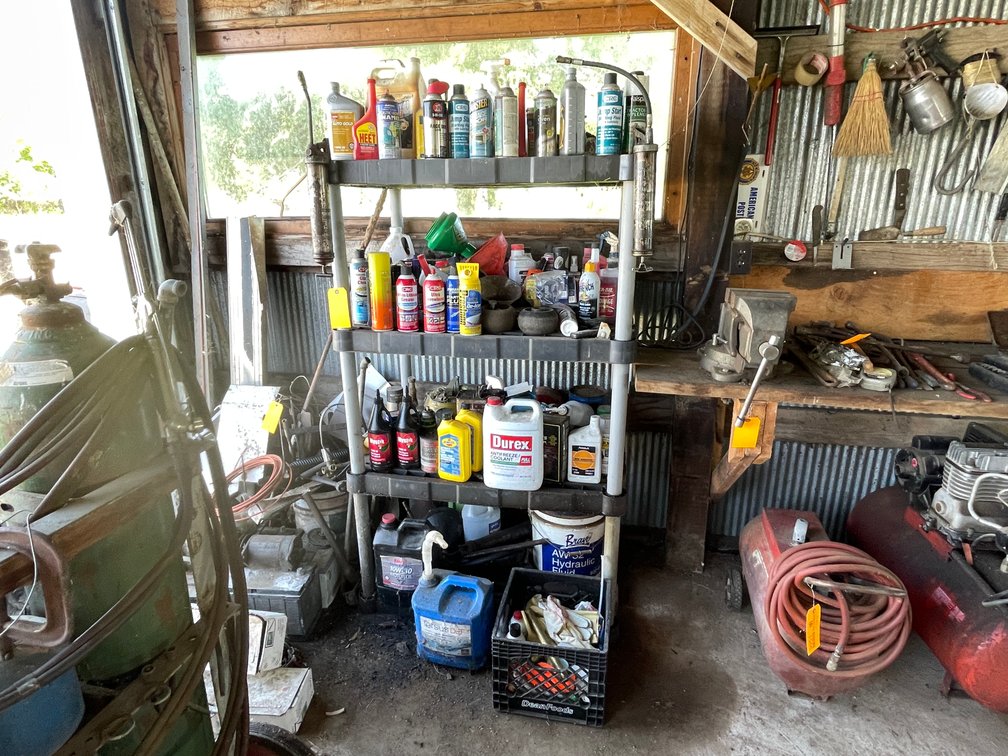 Plastic Shelving Unit and Assorted Shop Fluids