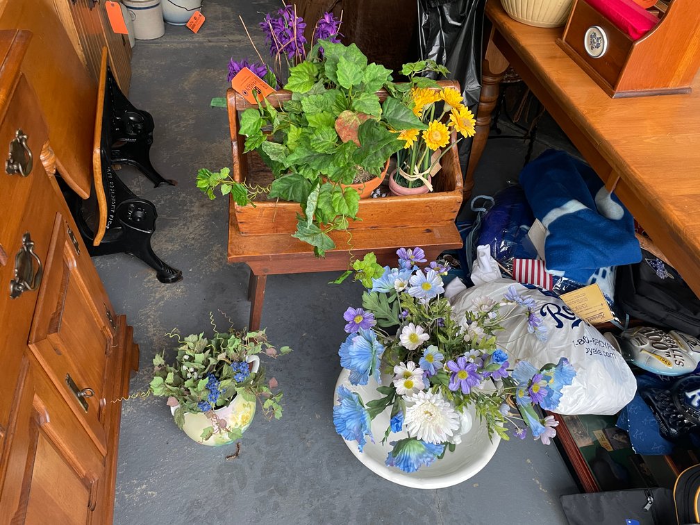 Vintage Glassware, Stool, and Planting Box