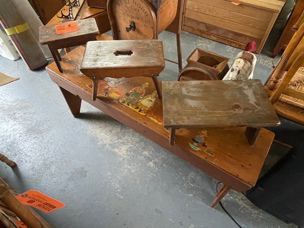 Decorative Wooden Bench and (3) Foot Stools