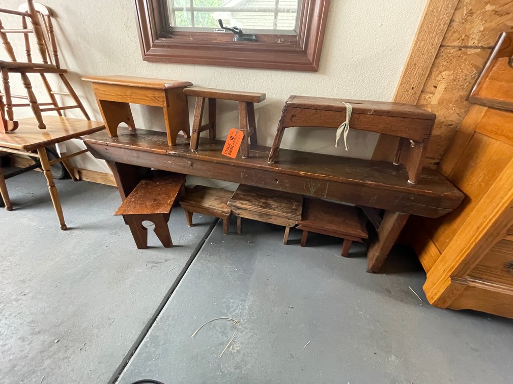Vintage Wooden Bench and Foot Stools
