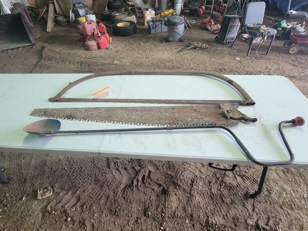 (2) Large Antique Saws, (2) Extension Cords, and Power Strip