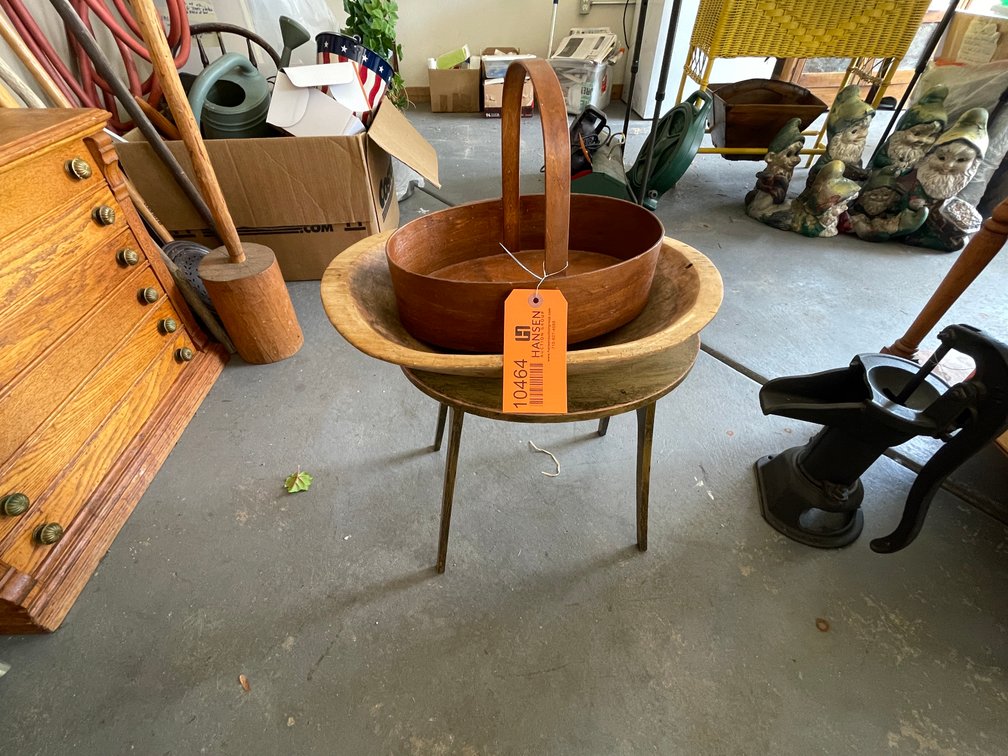 Vintage Wooden Stool, Carved Bowl, and Basket