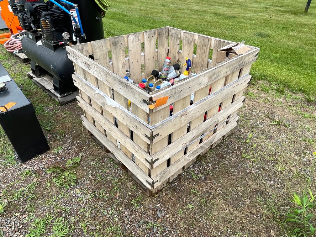 Wooden Tote with Assorted Automotive Fluids