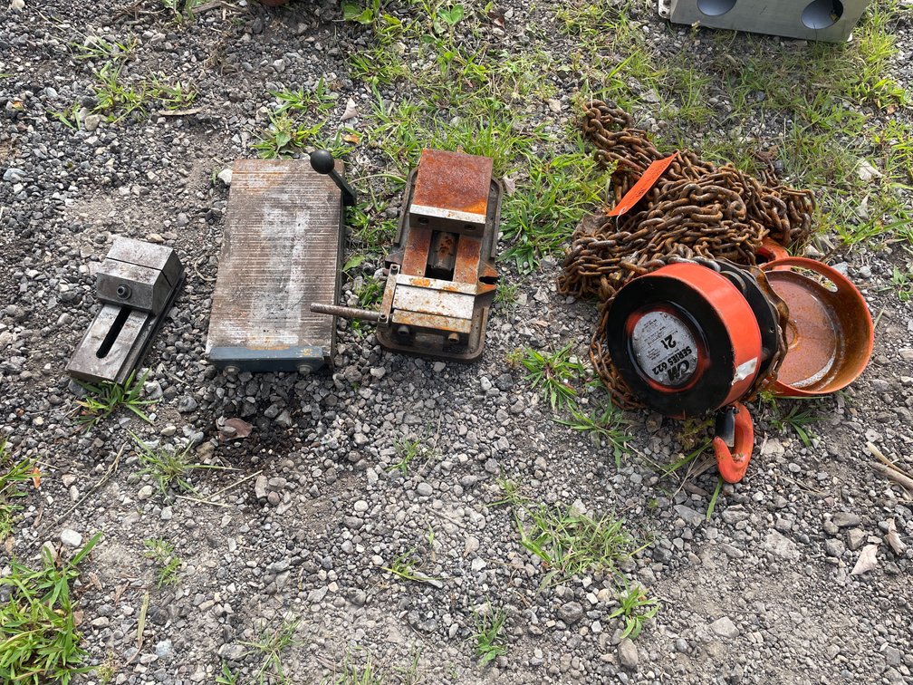 CM Chain Hoist and (2) Bench Vices