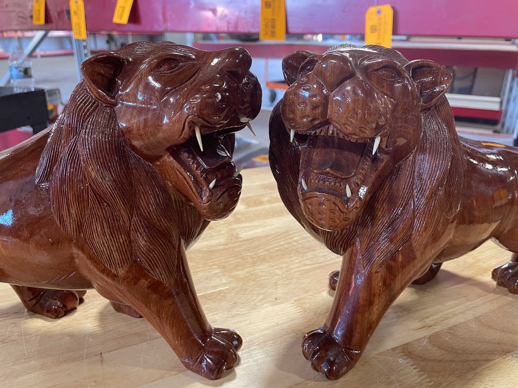 Vintage Hand Carved Wood Lion Statues (T5)