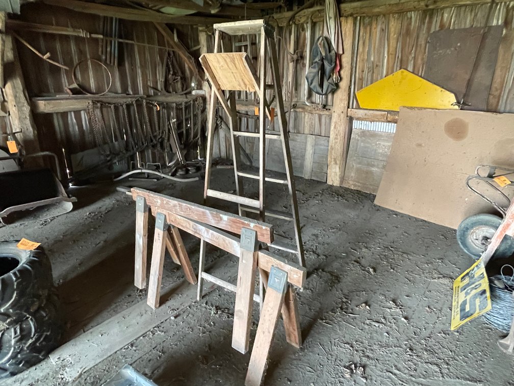 Set of Sawhorses and Wooden Step Ladder
