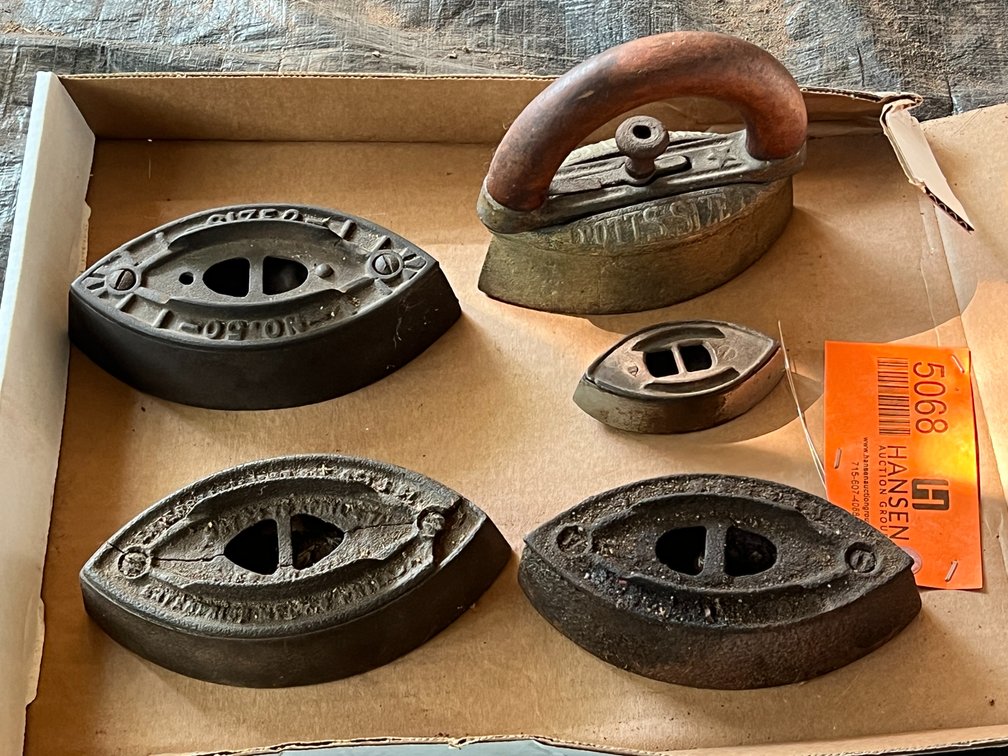 (5) Antique Cast Sad Irons, (1) Iron is Cracked