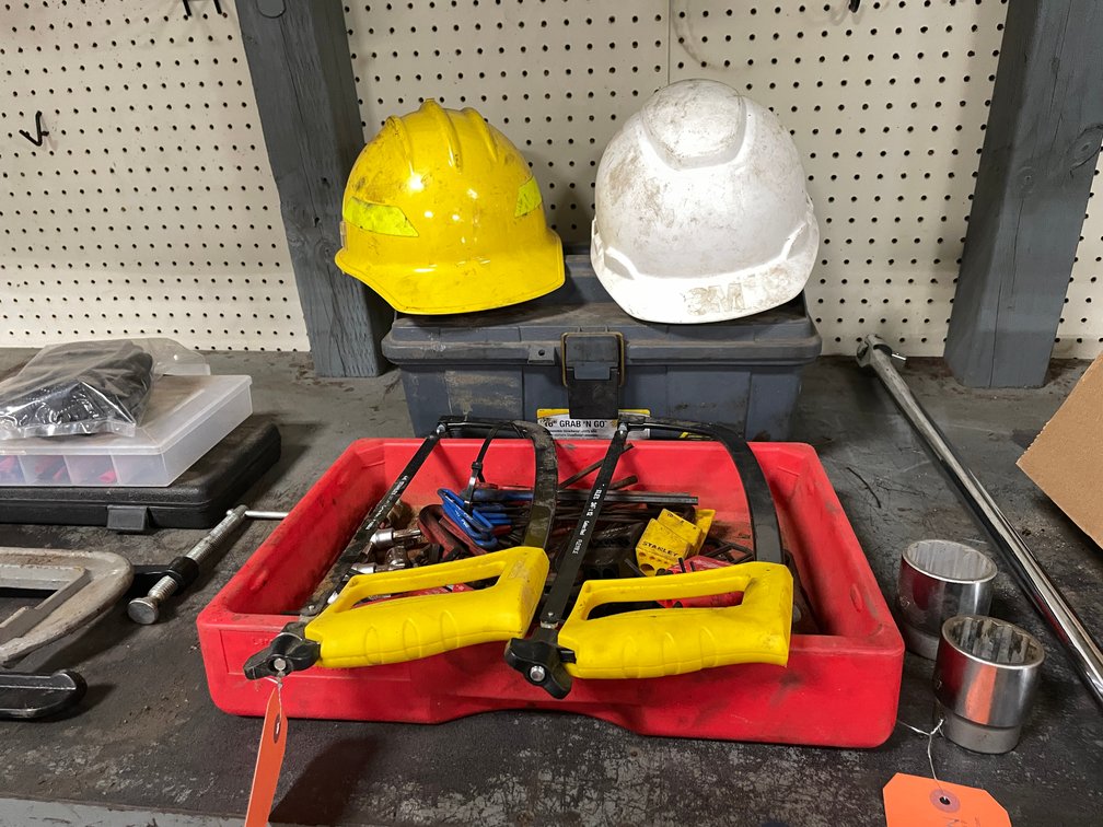 Assorted Shop Tools and Hard Hats