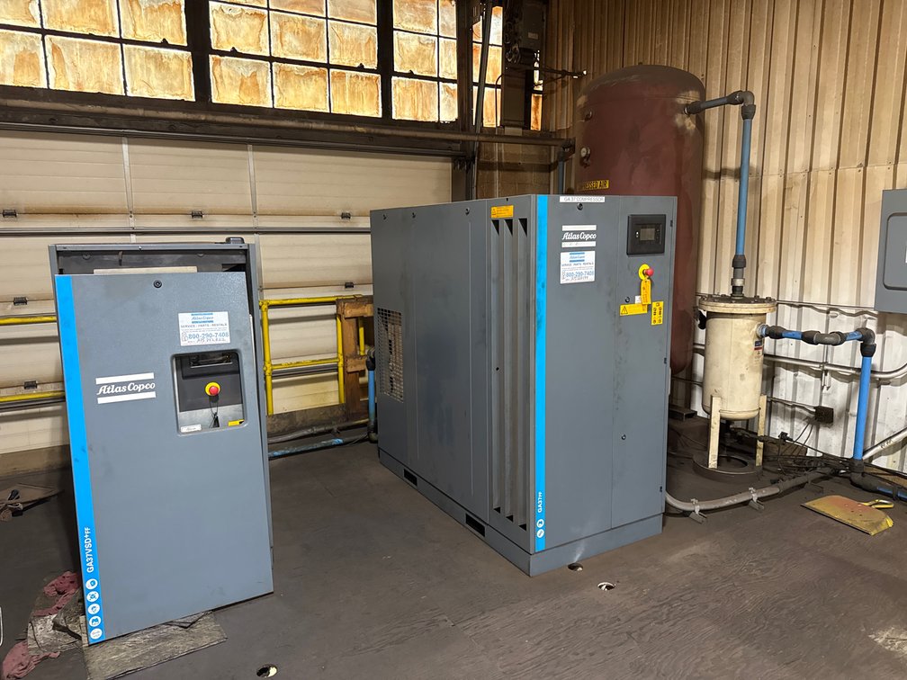 (2) Atlas Copco Compressors with Large Compressed Air Tank