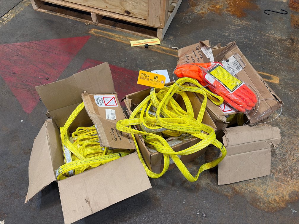 (3) Boxes of Wiscolift Synthetic Web Lifting Slings and Propane Cylinder Gloves