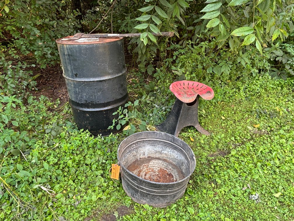 Metal Barrel, Wash Tub, and Stool