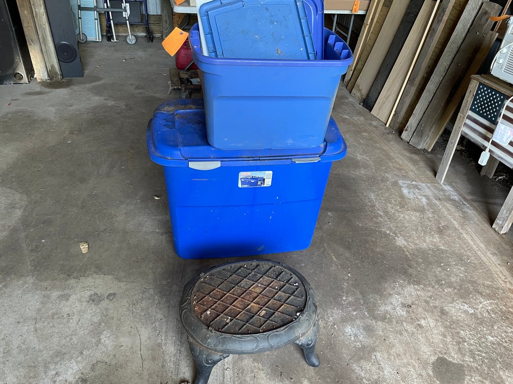 (2) Totes and Cast Iron Stove Stand