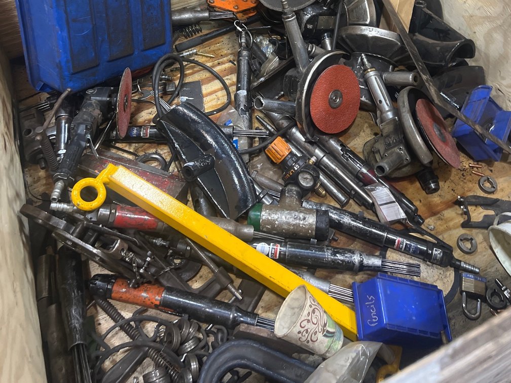 Wooden Crate with Assorted Pneumatic Tools