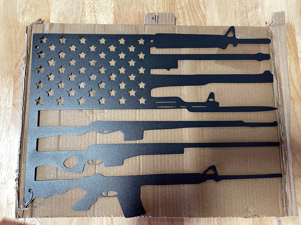 Laser Cut Metal Sign of Flag and Rifles (T2)