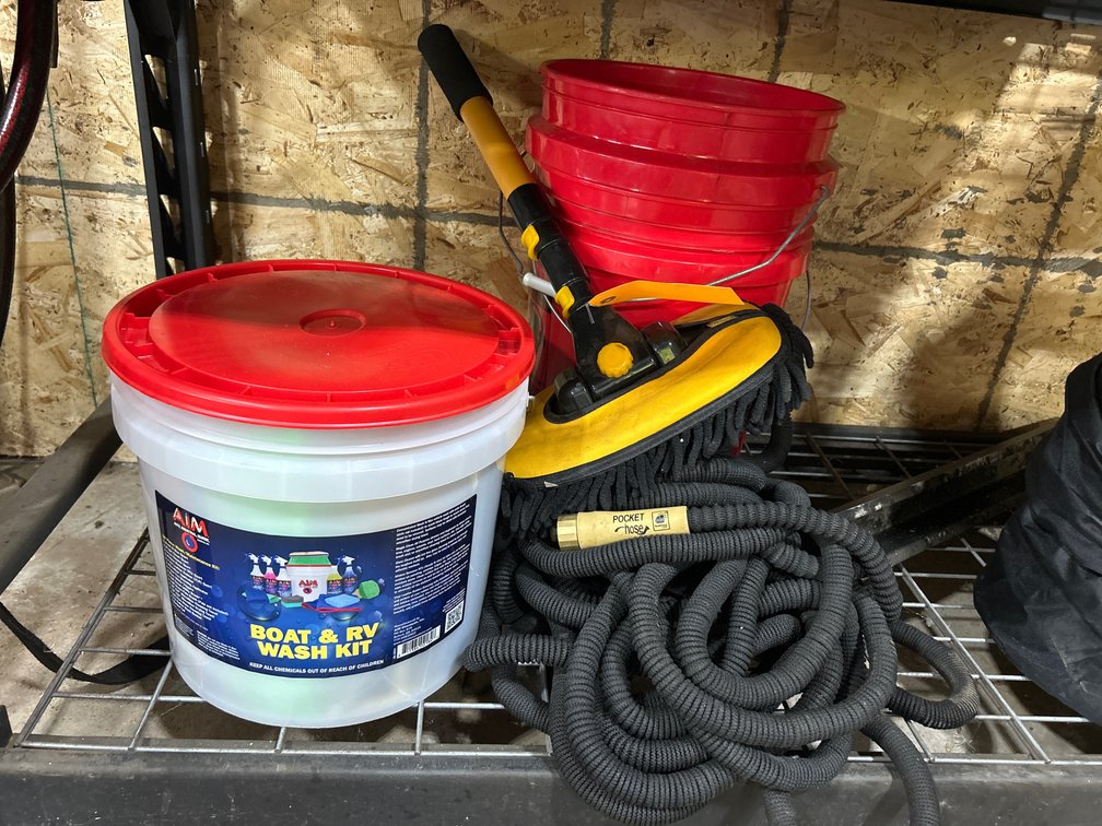 AiM Wash Kit, Harbor Freight Buckets, Wash Brush, and Pocket Hoses