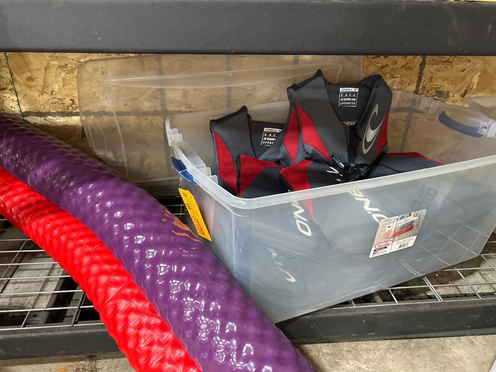 (3) O'Neill Life Jackets, Foam Pool Noodles and Sterilite Storage Bin