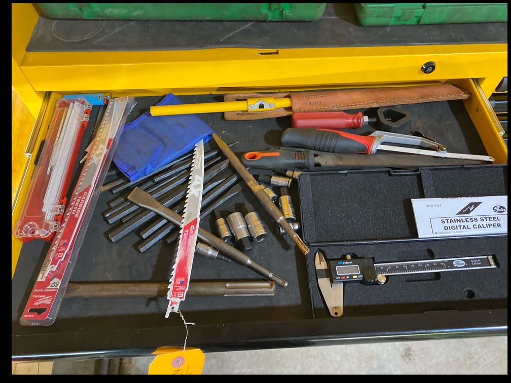 Gates Digital Caliper, Milwaukee Sawzall Blades, and Assorted Hand Tools